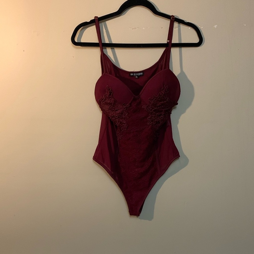 Honey Pot Sheer Lace Sleeveless Corset Bodysuit XL Burgundy Fairlycore Danty